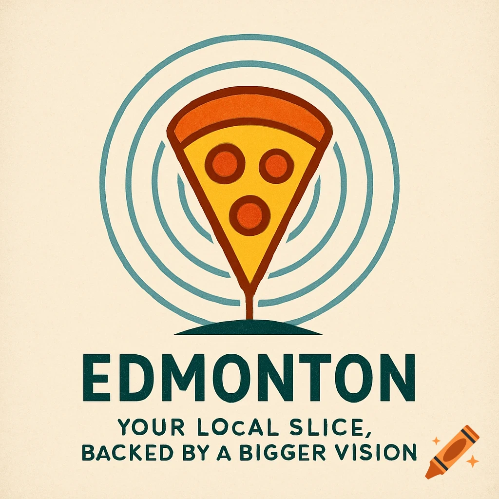 A stylized logo featuring a pizza slice as a map pin with concentric rings, above the text 'EDMONTON YOUR LOCAL SLICE, BACKED BY A BIGGER VISION'.