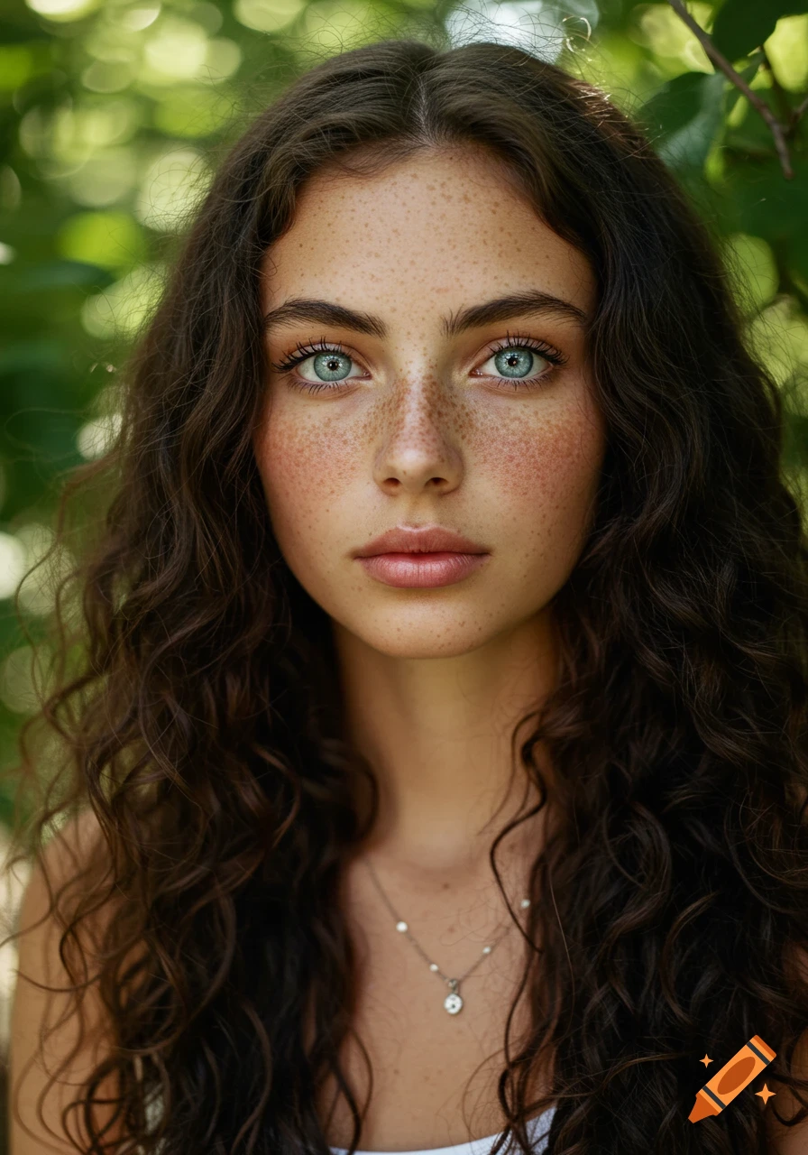 Close-up photorealistic portrait of a young woman with long curly brown ...