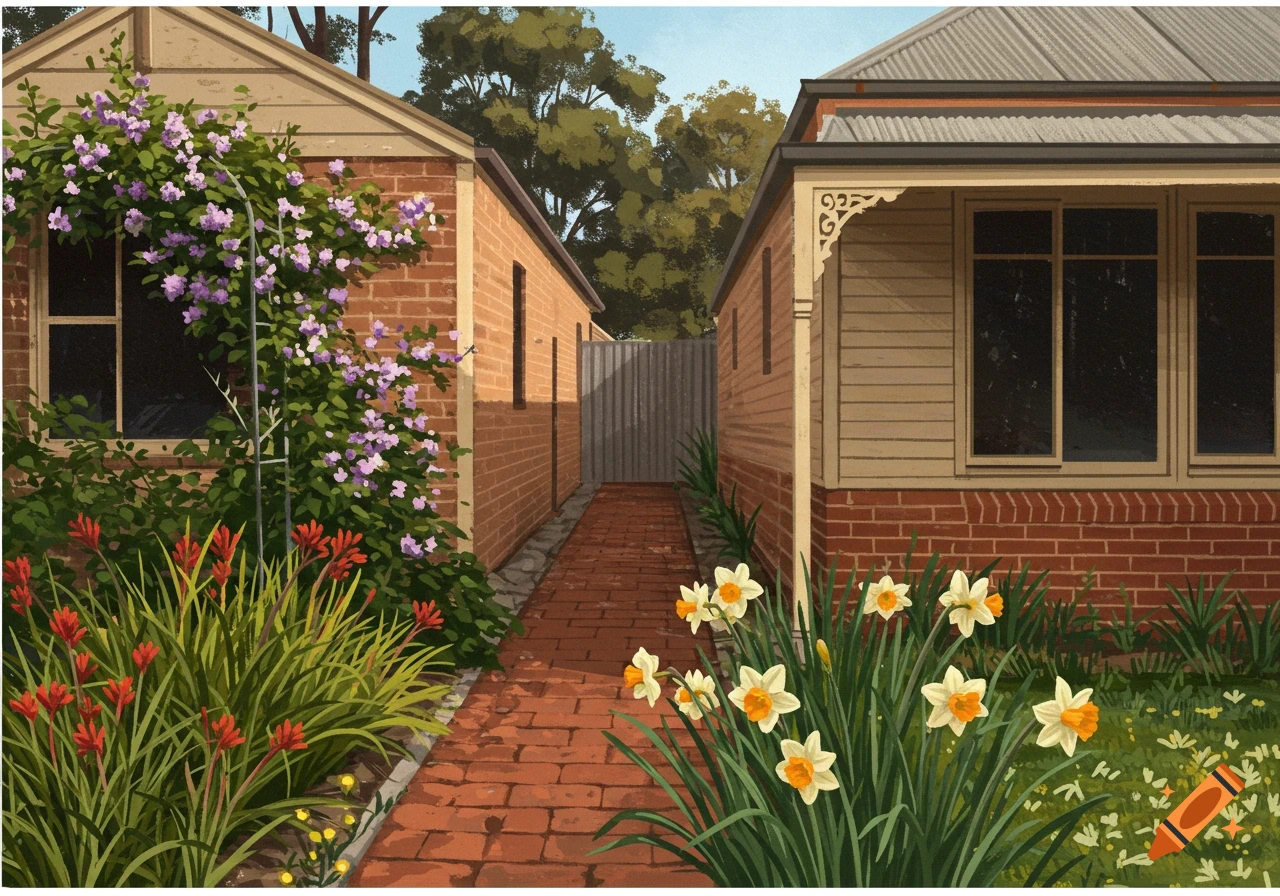 An illustration of a brick path between two houses, with a garden featuring purple climbing flowers and white daffodils.