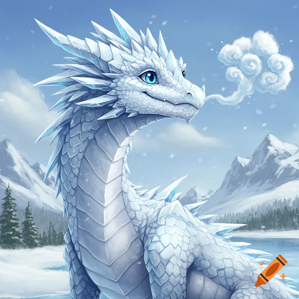 A friendly white ice dragon with blue eyes breathes mist in a snowy mountain landscape.