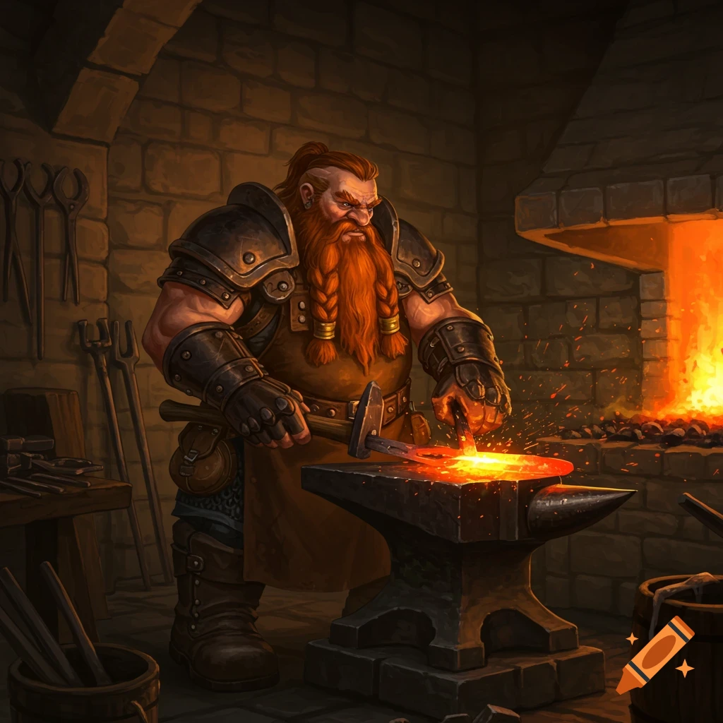 A muscular dwarf with a braided red beard hammers glowing metal on an anvil in a dimly lit forge.