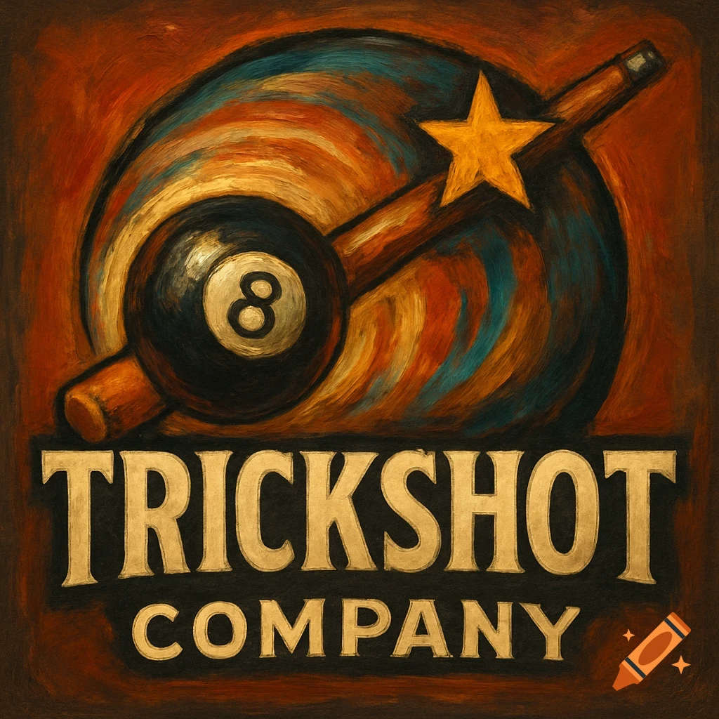 A painterly logo for Trickshot Company featuring an 8-ball, a pool cue, and a gold star on a swirling background, with text below.