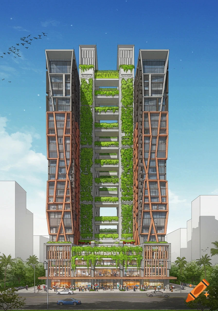 A modern high-rise building with green vertical gardens and commercial storefronts at street level.