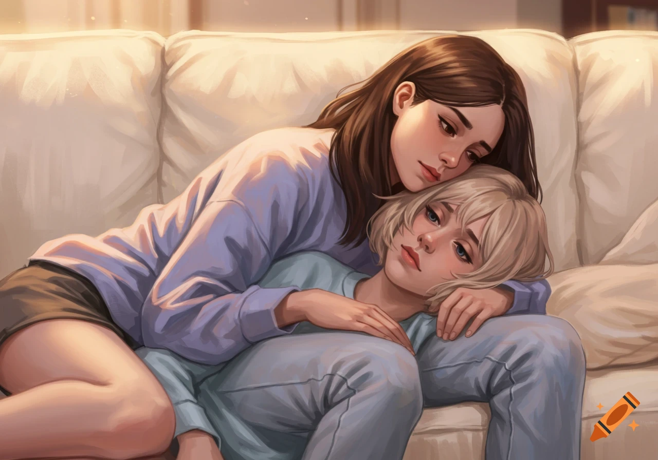 A tender digital art illustration of two girls embracing on a couch, one resting her head on the other's lap.