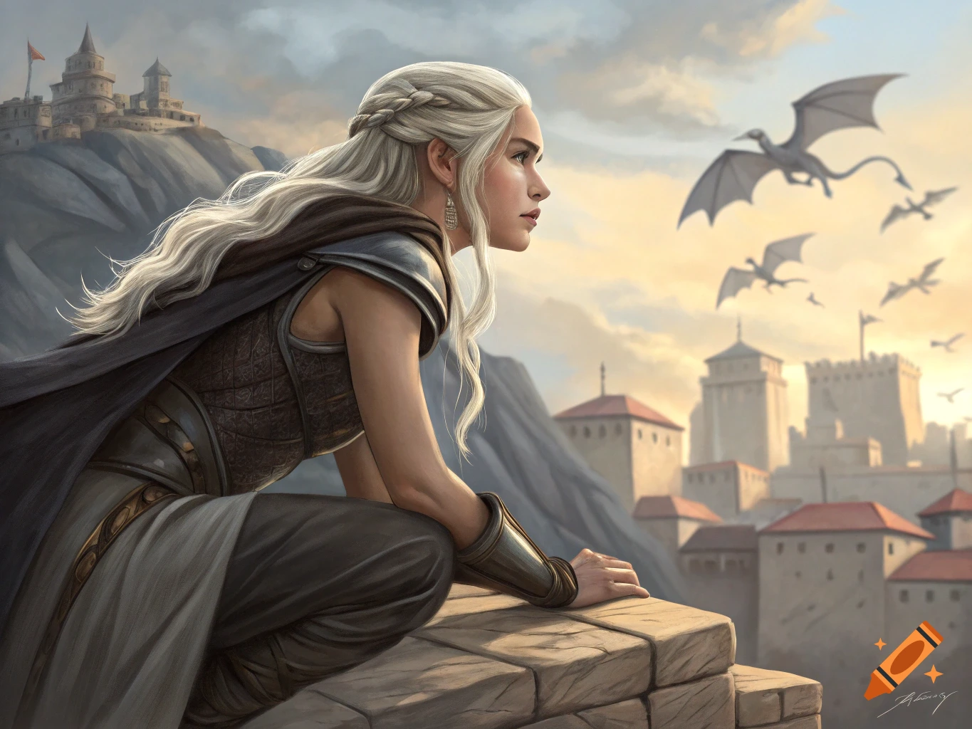 An epic fantasy painting of Daenerys Targaryen crouching, looking out over a city with dragons flying in the sky.