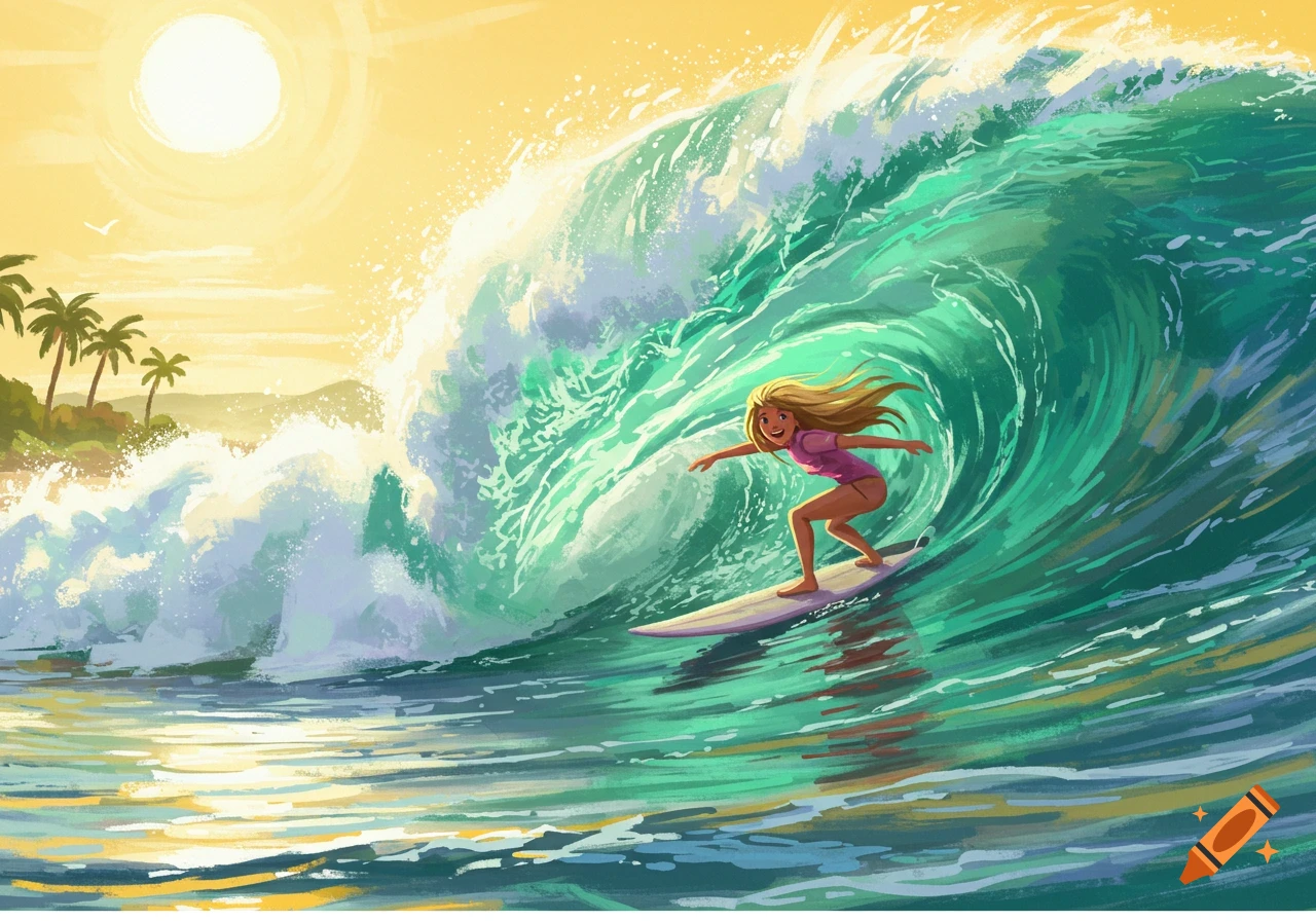 A smiling cartoon girl surfs a large, turquoise wave under a bright yellow sun, with palm trees on an island in the background.
