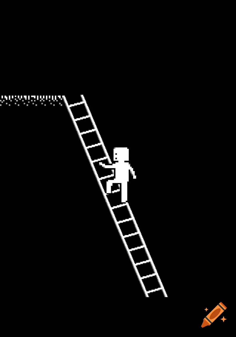 A white pixel art figure climbs a ladder against a black background.