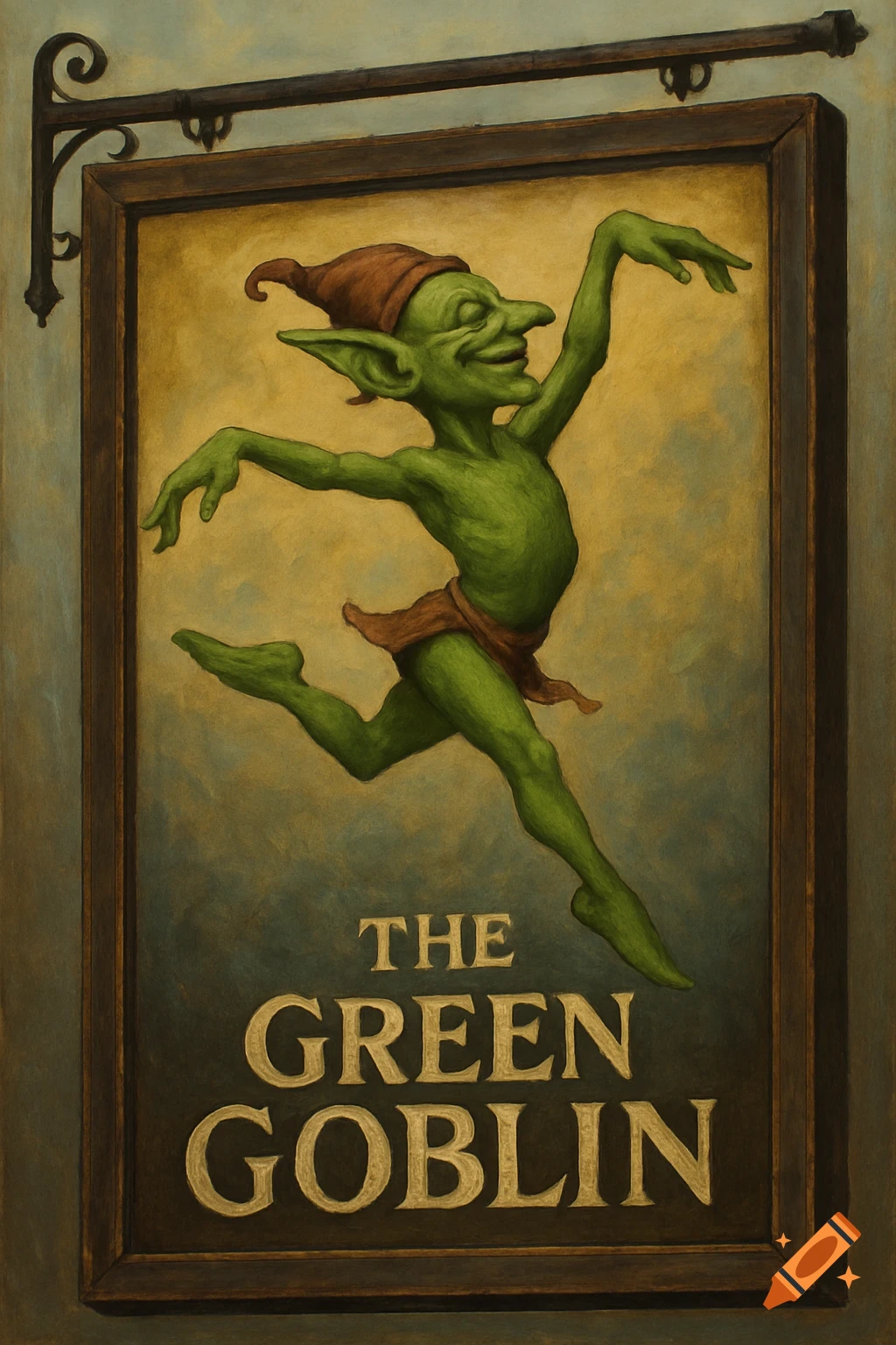 An illustration of a green goblin in a red cap and loincloth prancing ...