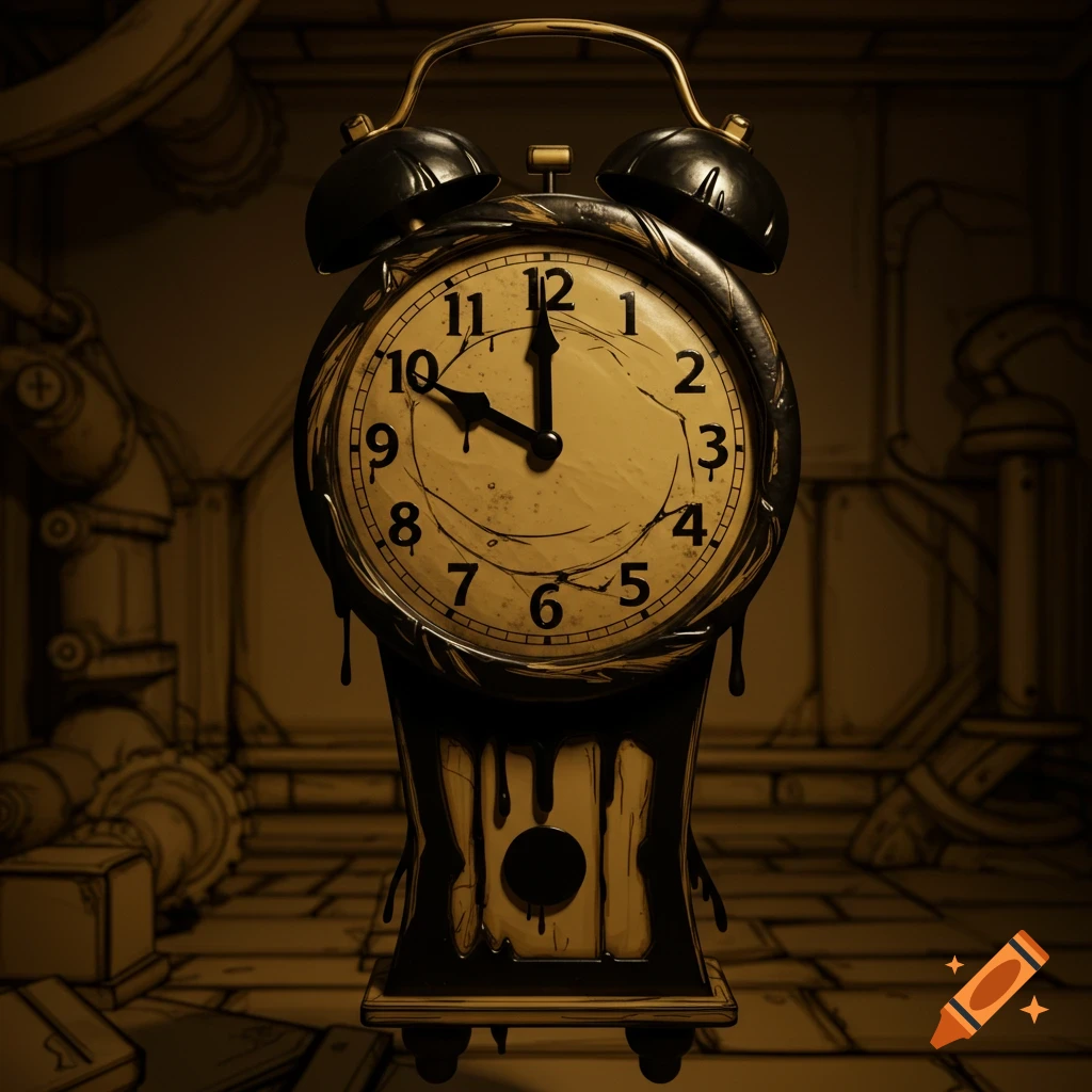 An old-fashioned alarm clock in the style of Bendy and the Ink Machine, with black ink dripping down its sides and base, standing in a sepia-toned, cartoonish room with pipes.