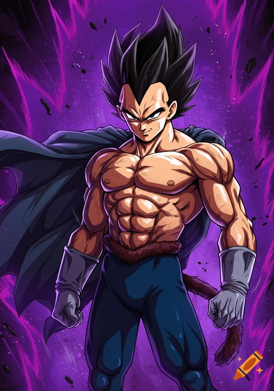 A muscular Vegeta in a cape and battle attire stands against a vibrant purple, energetic background, with a serious expression.