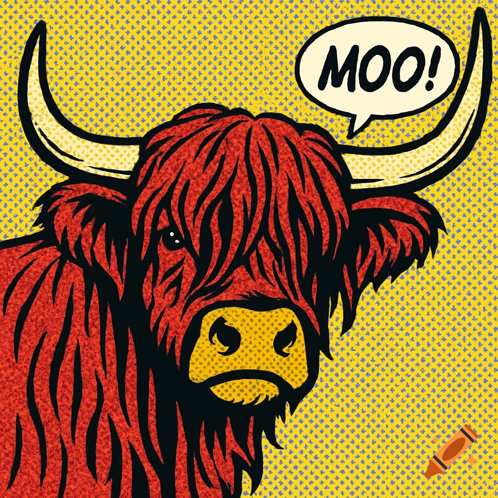 Pop art illustration of a red Highland cow's head with horns, a yellow snout, and a speech bubble saying MOO! on a yellow background.