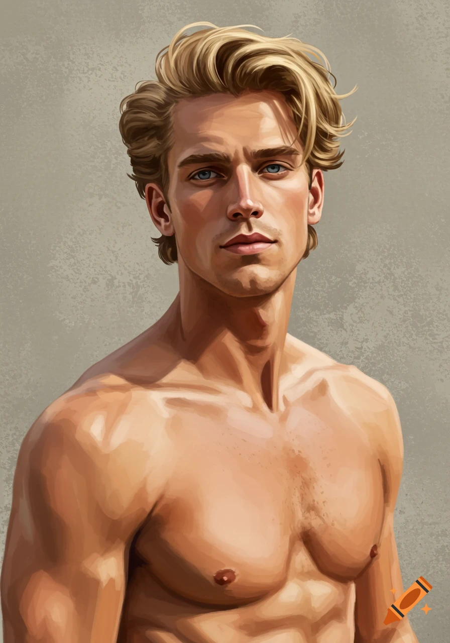 A stylized portrait of a blonde man with blue eyes looking forward.