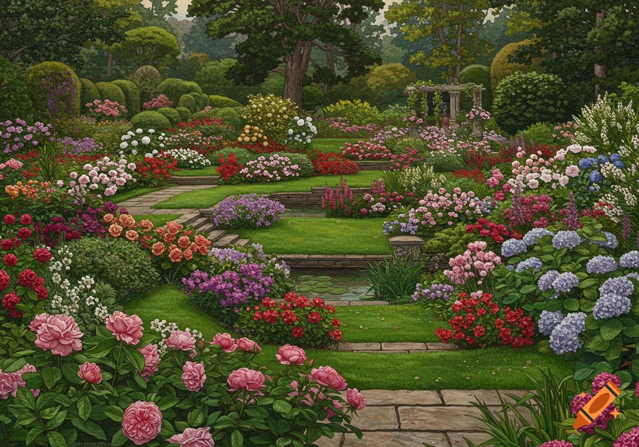 A vibrant, multi-tiered English garden filled with colorful flowers, stone paths, green lawns, and mature trees.