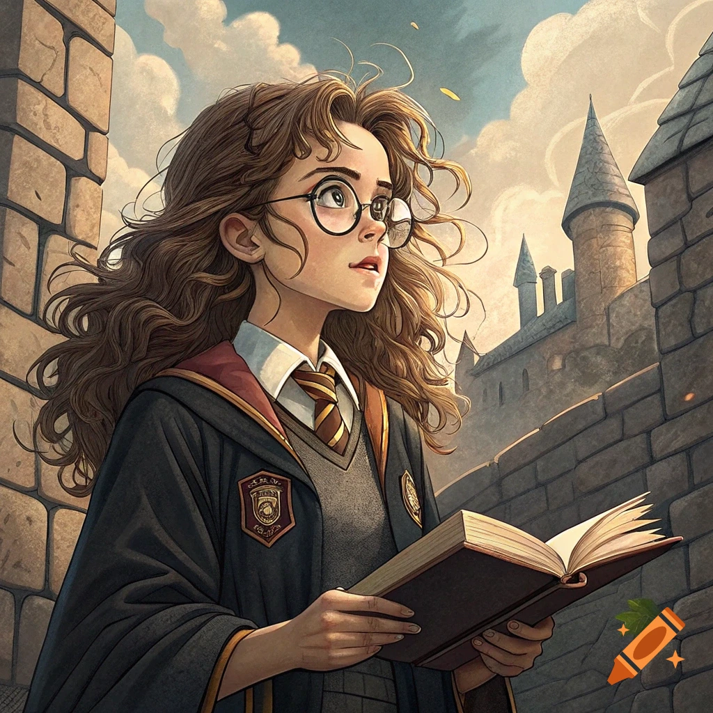 Illustrated depiction of Hermione Granger in Hogwarts robes, holding an open book, looking up in a stone courtyard with a castle spire.