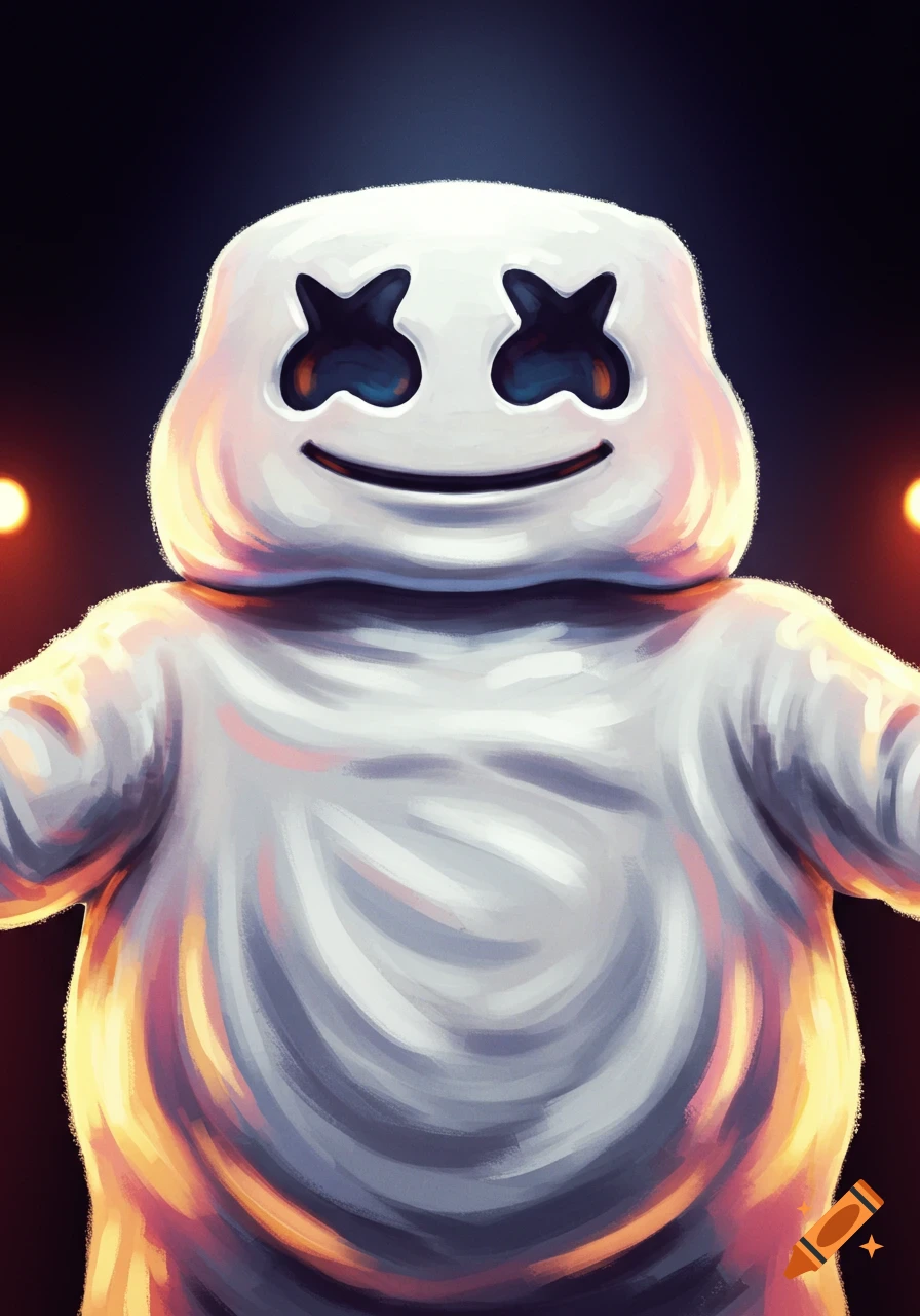 A stylized illustration of a white, plump, smiling ghost-like character with X-shaped eyes, lit by warm lights.