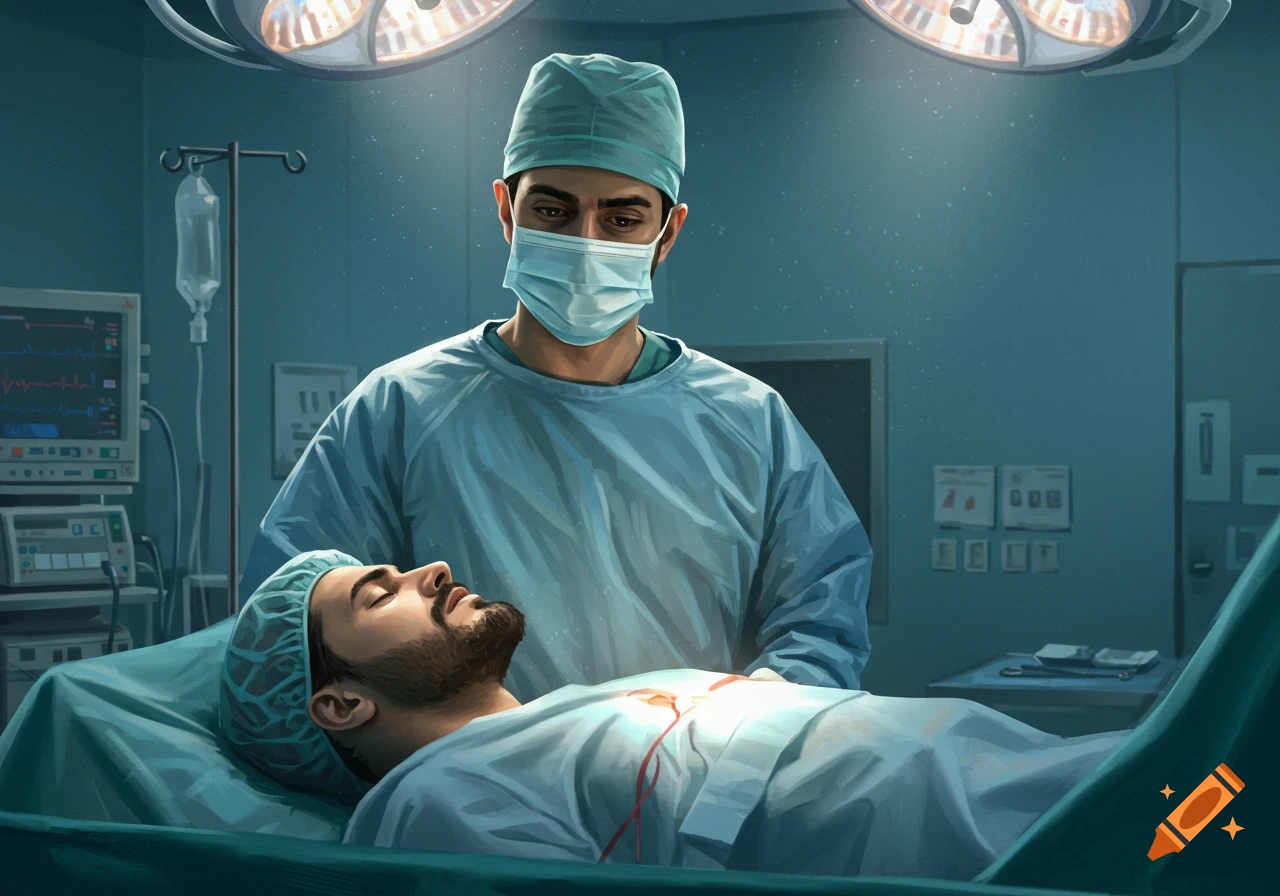A male surgeon in scrubs and mask stands over a patient on an operating table in a hospital, with medical equipment in the background.