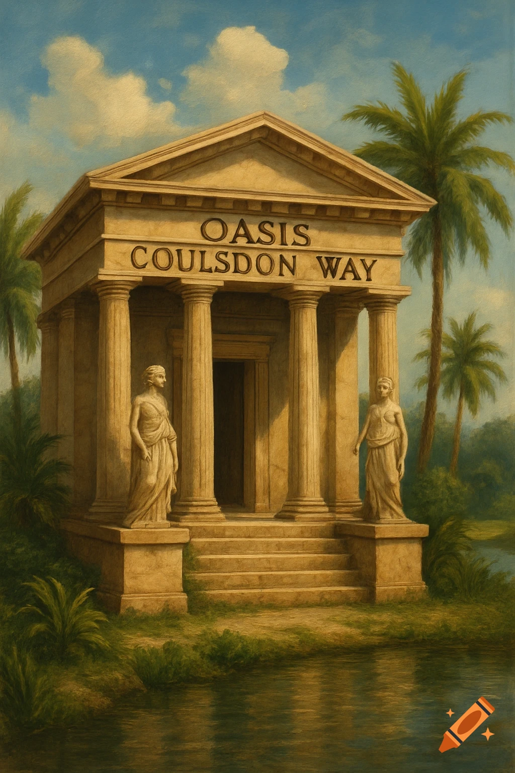 Classical temple with "OASIS COULSDON WAY" inscribed on its facade, flanked by statues, palm trees, and a body of water, painted in a realistic style.
