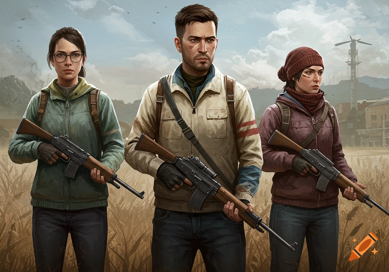 A man and two women, dressed as survivors, stand in a grassy field holding rifles, in a detailed illustrative style.