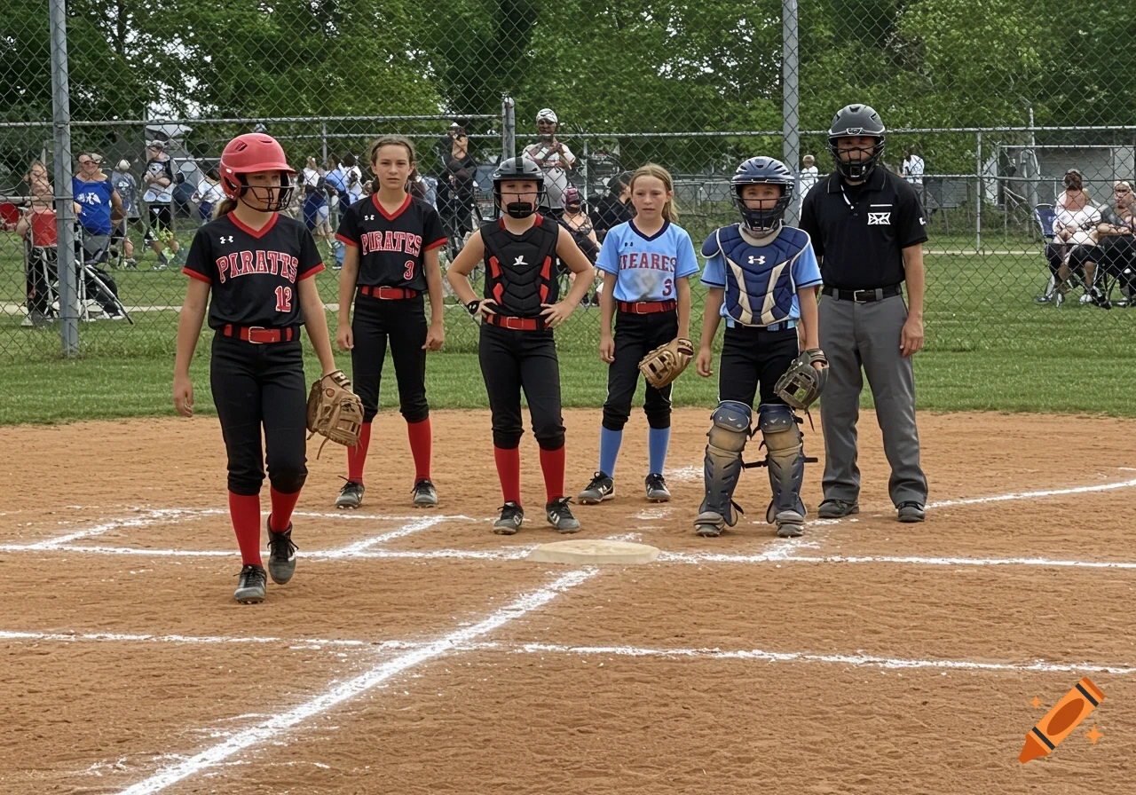 Young female softball players and an umpire stand on a dirt field during a game, some in black and red, one in blue.