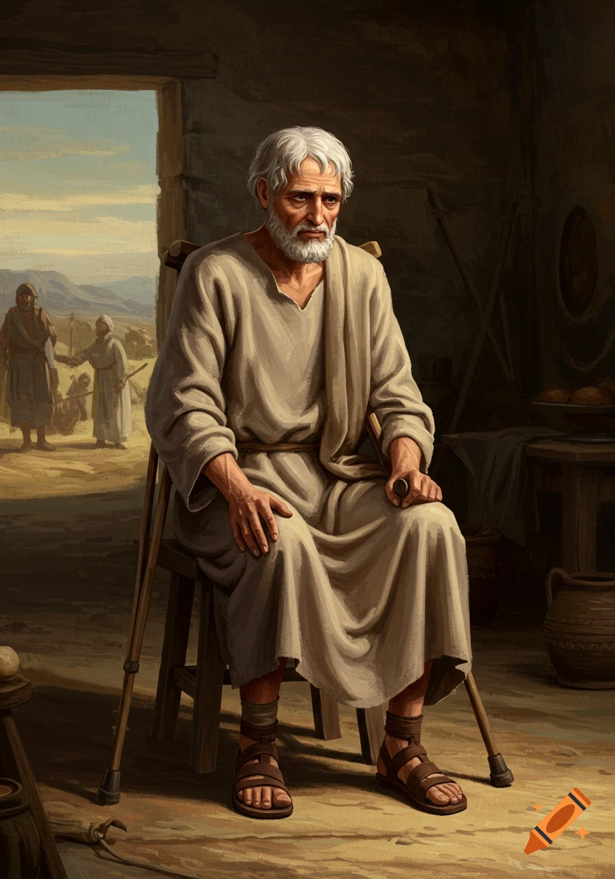 A sad, elderly, bearded man in ancient robes sits in a doorway with crutches, looking out at a desert scene.