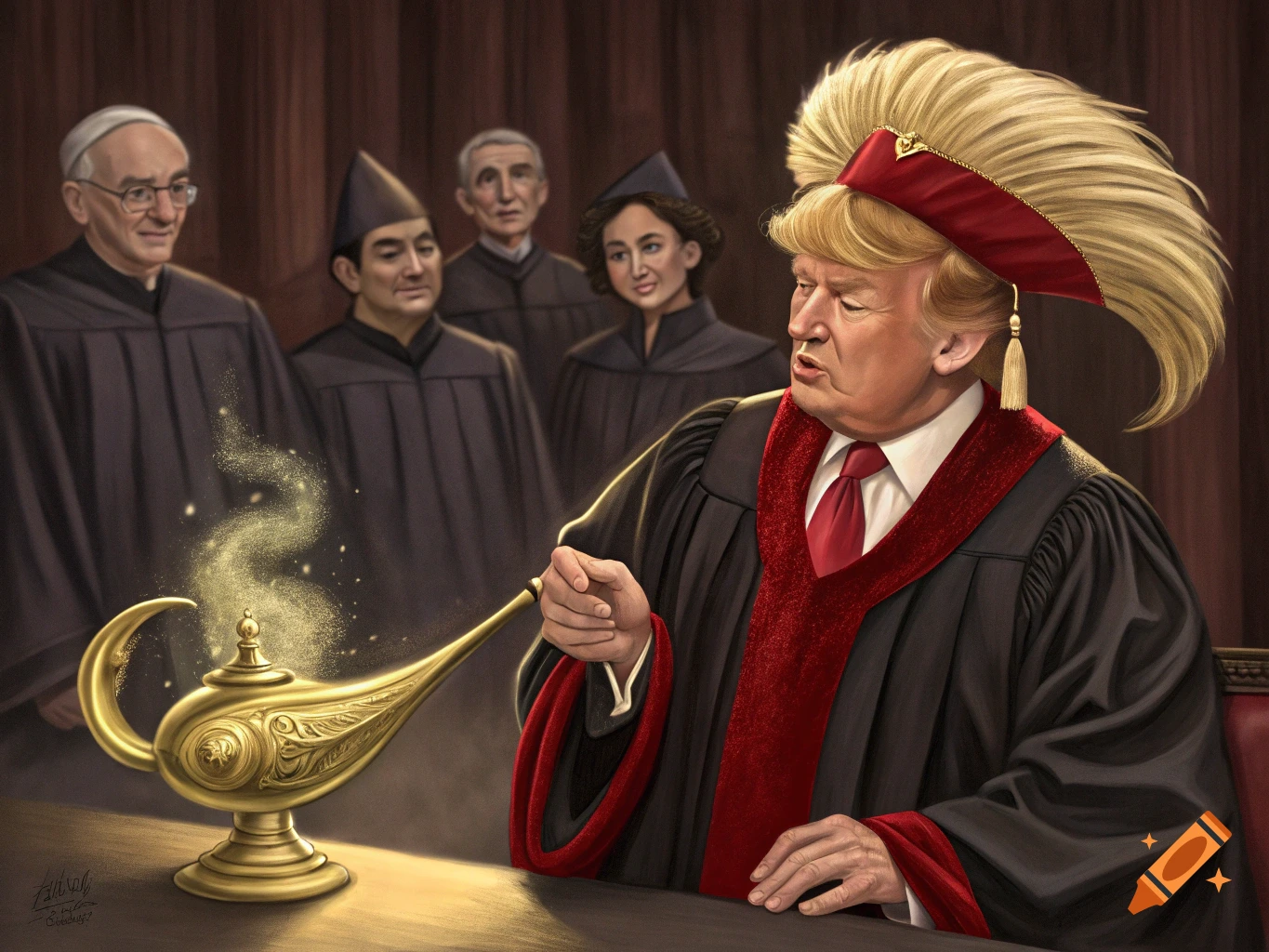 Donald Trump with exaggerated blonde hair and a red cap, dressed in a judge's robe, rubs a golden genie lamp. Golden smoke emanates from the lamp. In the background, several figures in judicial robes are present.