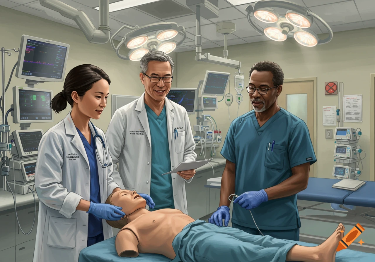 A diverse healthcare team, including two doctors and one nurse, train with a medical dummy in a bright, modern simulation lab, surrounded by equipment.