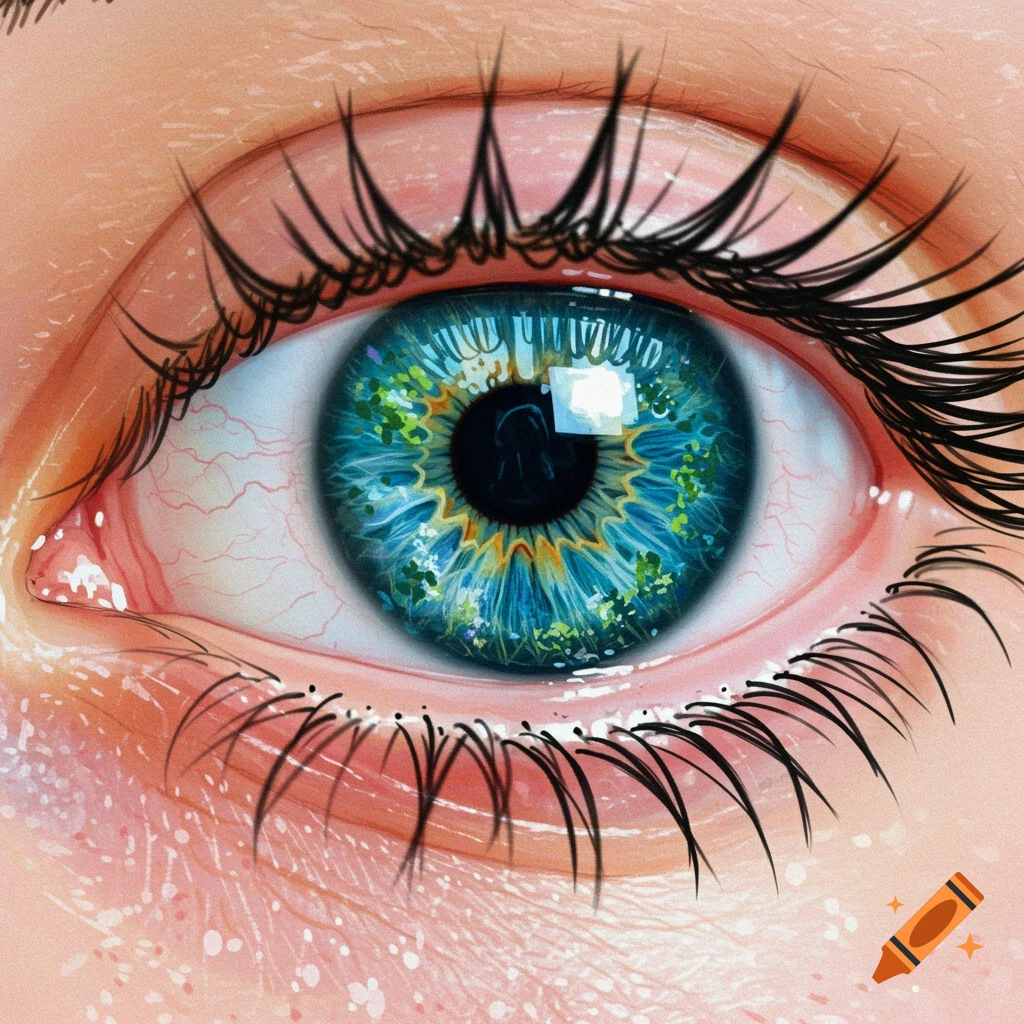 A close-up, realistic image of a blue eye with intricate green and yellow patterns resembling a forest inside the iris, surrounded by eyelashes and skin.