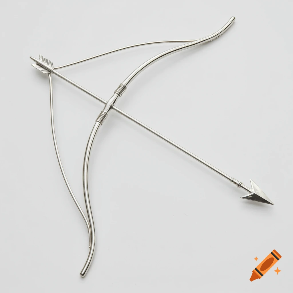 A silver bow and arrow laying on a white background, viewed from above. The objects have a smooth, reflective metallic finish.