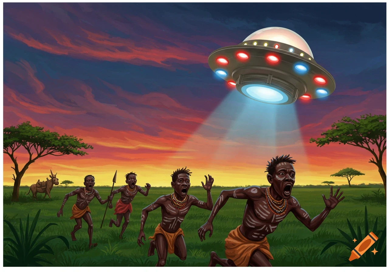 An illustration shows tribal men running in fear from a glowing UFO over a savanna at sunset.