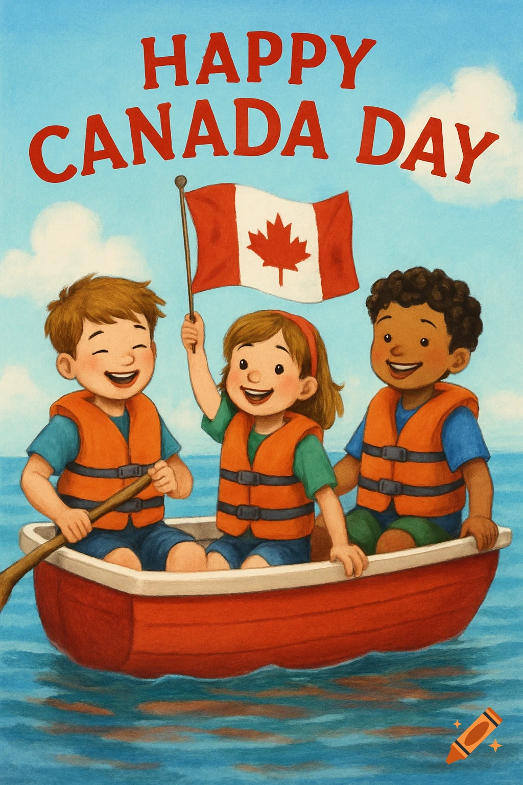 Three smiling children in a red boat, one holding a Canadian flag, on blue water. Text reads 'Happy Canada Day'.