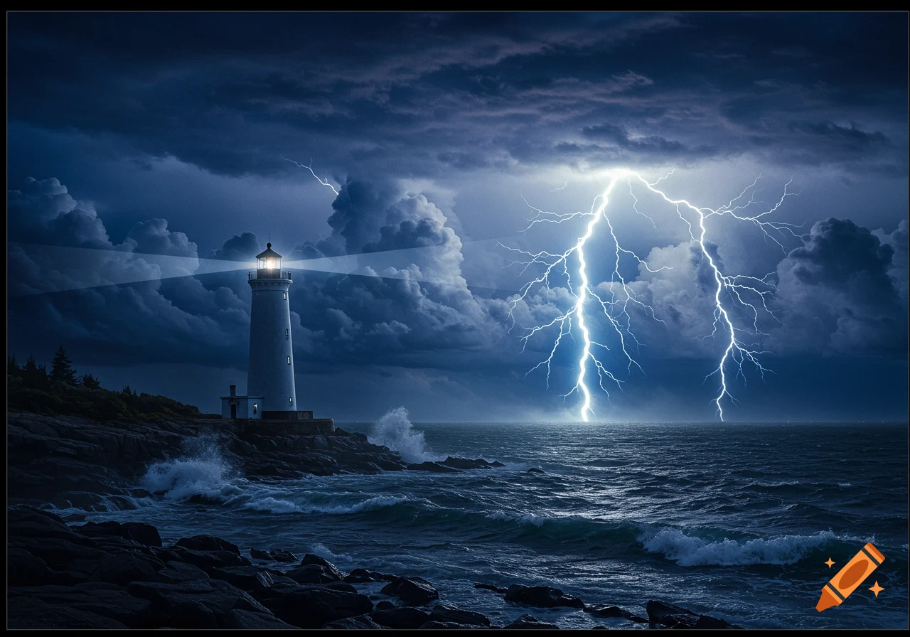 A photorealistic image of a lighthouse on a rocky coast, illuminated by lightning during a powerful nighttime storm.