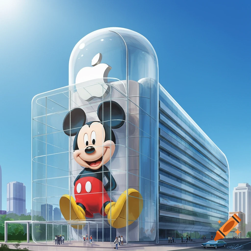 A giant Mickey Mouse sitting inside a transparent, curved glass building resembling an Apple store, with an Apple logo above.