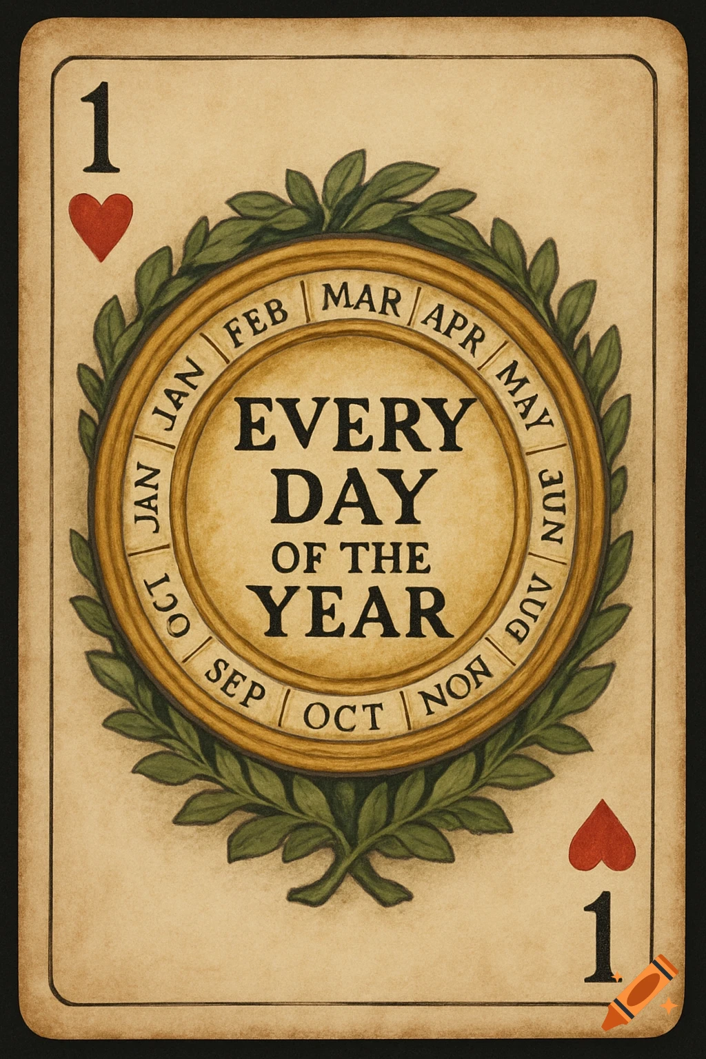 Vintage-style playing card, 1 of hearts, with a central wreath surrounding text 'EVERY DAY OF THE YEAR' and a ring of months.