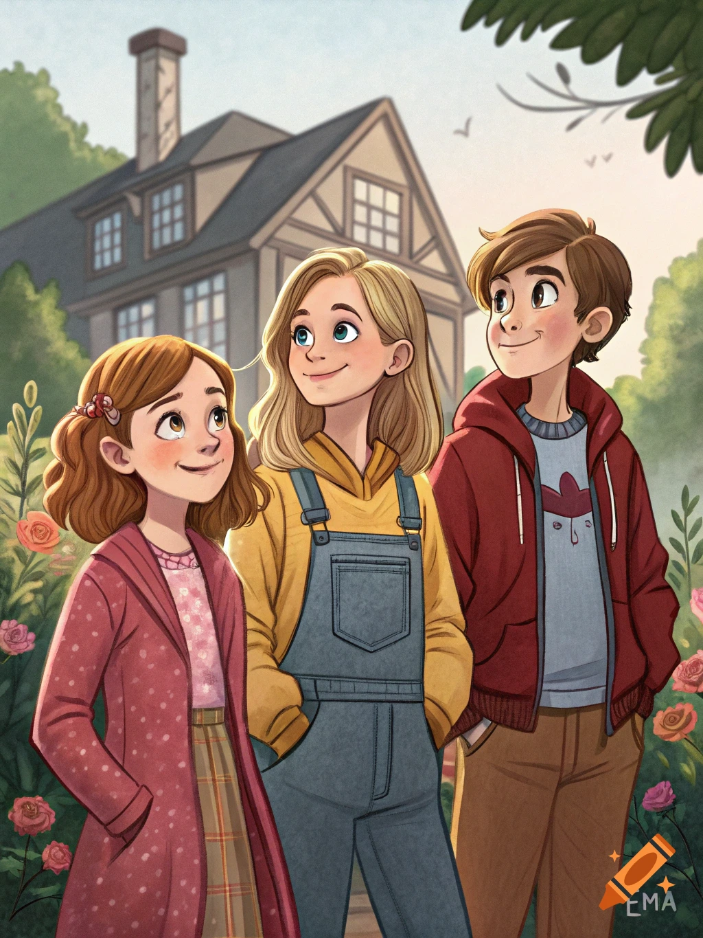 An illustration of three smiling children, two girls and one boy, in a lush garden with a house in the background.