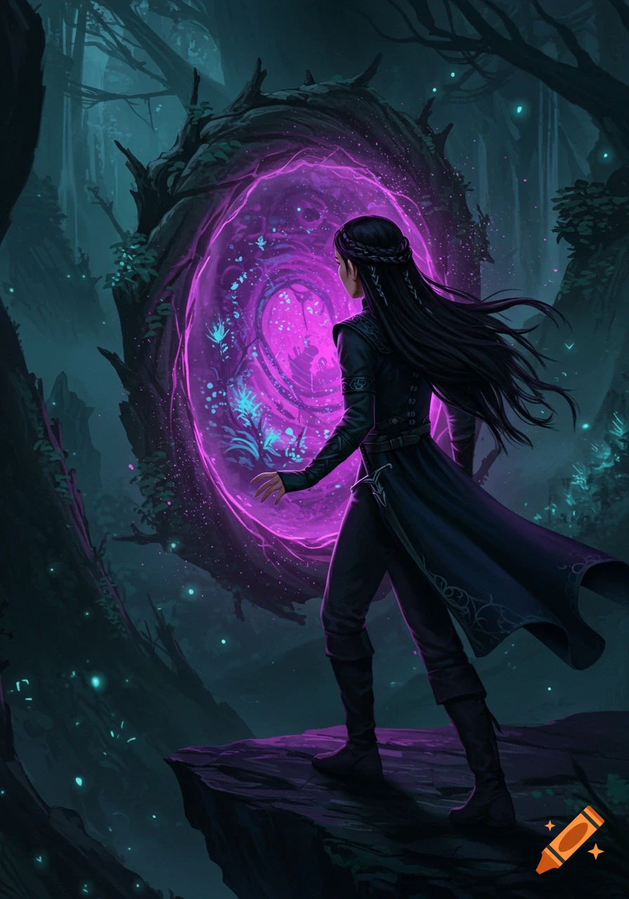 A lone figure in a dark cloak stands on a cliff, gazing into a glowing purple magical portal in a dark fantasy forest.