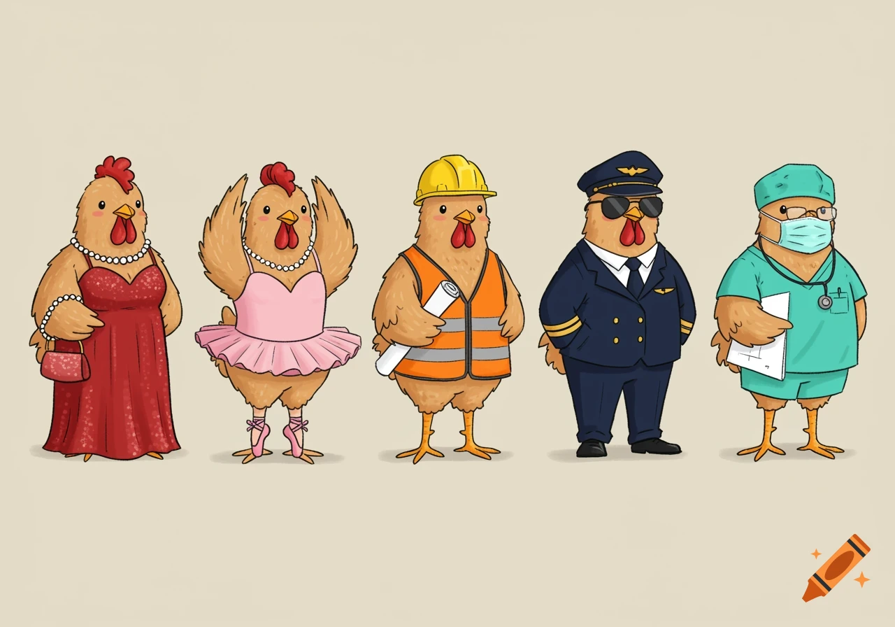 Five cheerful cartoon chickens in costumes: a glamorous woman, ballet dancer, construction worker, pilot, and surgeon.