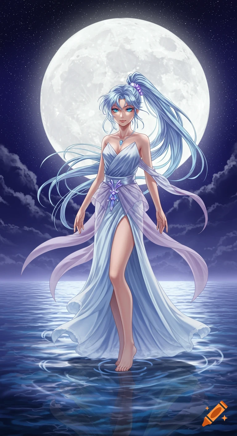 An anime goddess with long light blue hair in a flowing blue and purple dress stands on water under a large full moon in a starry night.