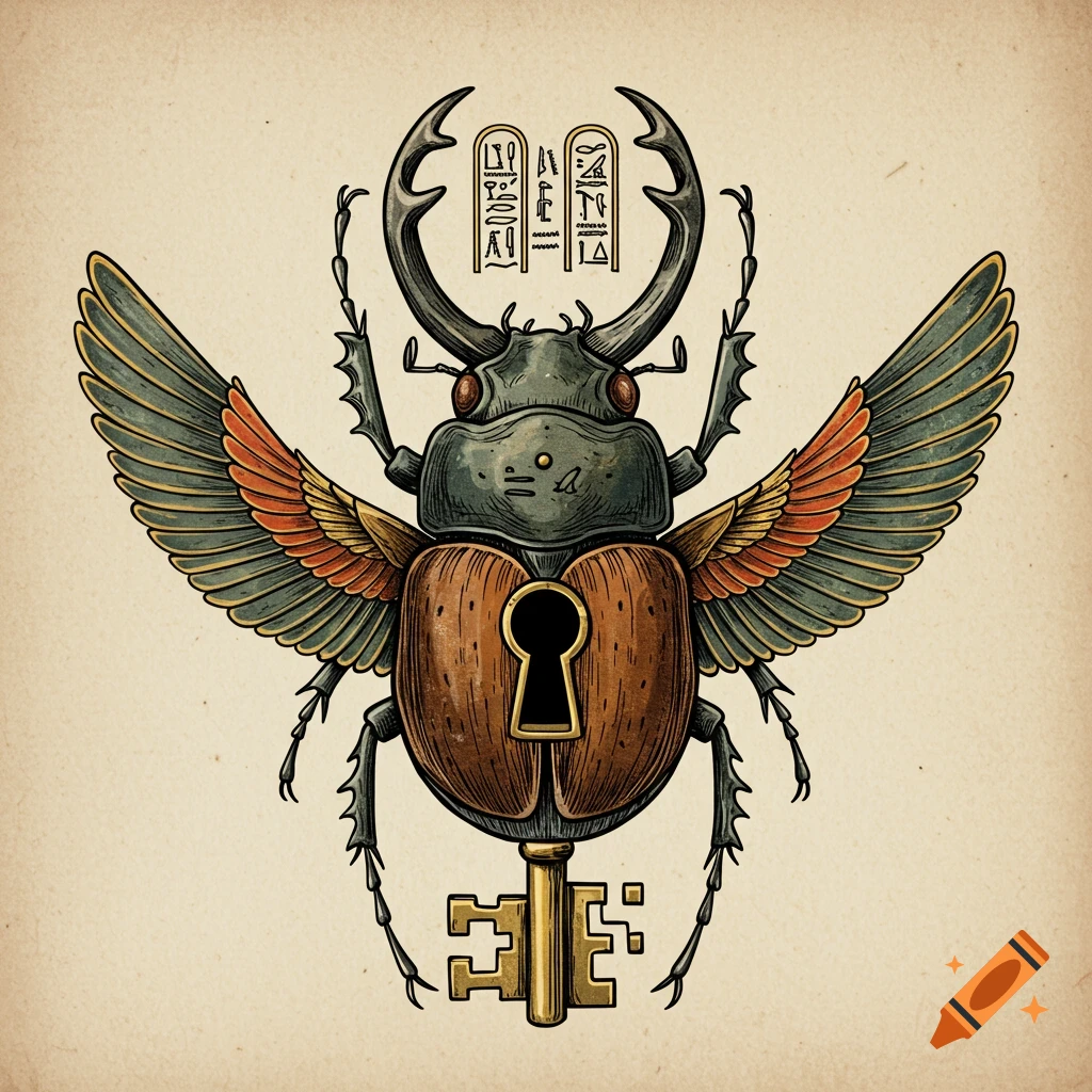 An etched and illustrative scarab beetle with wings, a keyhole on its body, and a golden key below it, with hieroglyphs above.