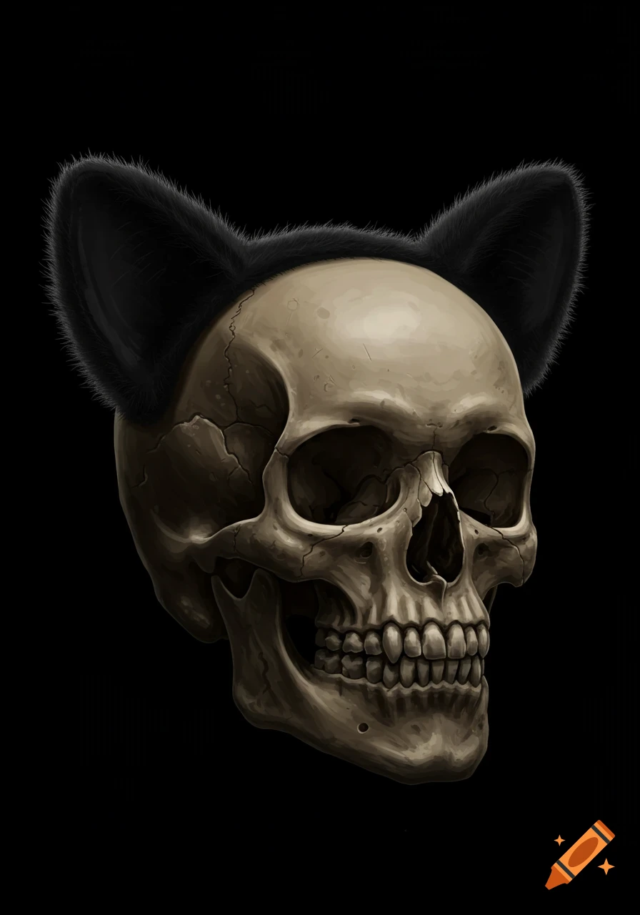 Detailed digital painting of a human skull with black furry cat ears against a black background.