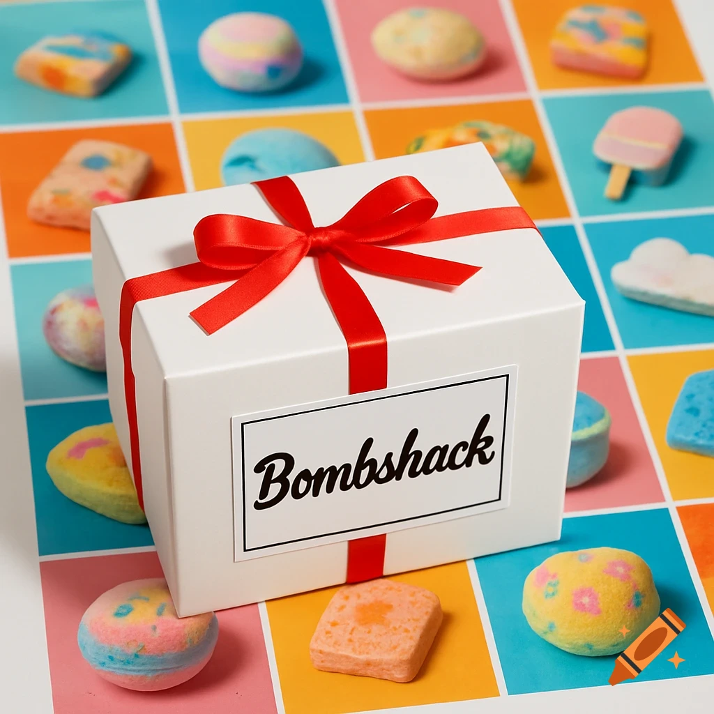 A white gift box with a red ribbon and a 'Bombshack' label sits on a colorful grid of bath bombs.