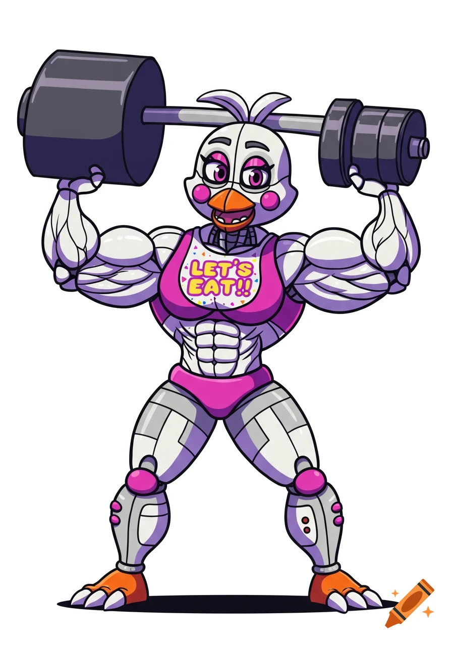 Cartoon of muscular Funtime Chica from Five Nights at Freddy's, lifting a barbell.