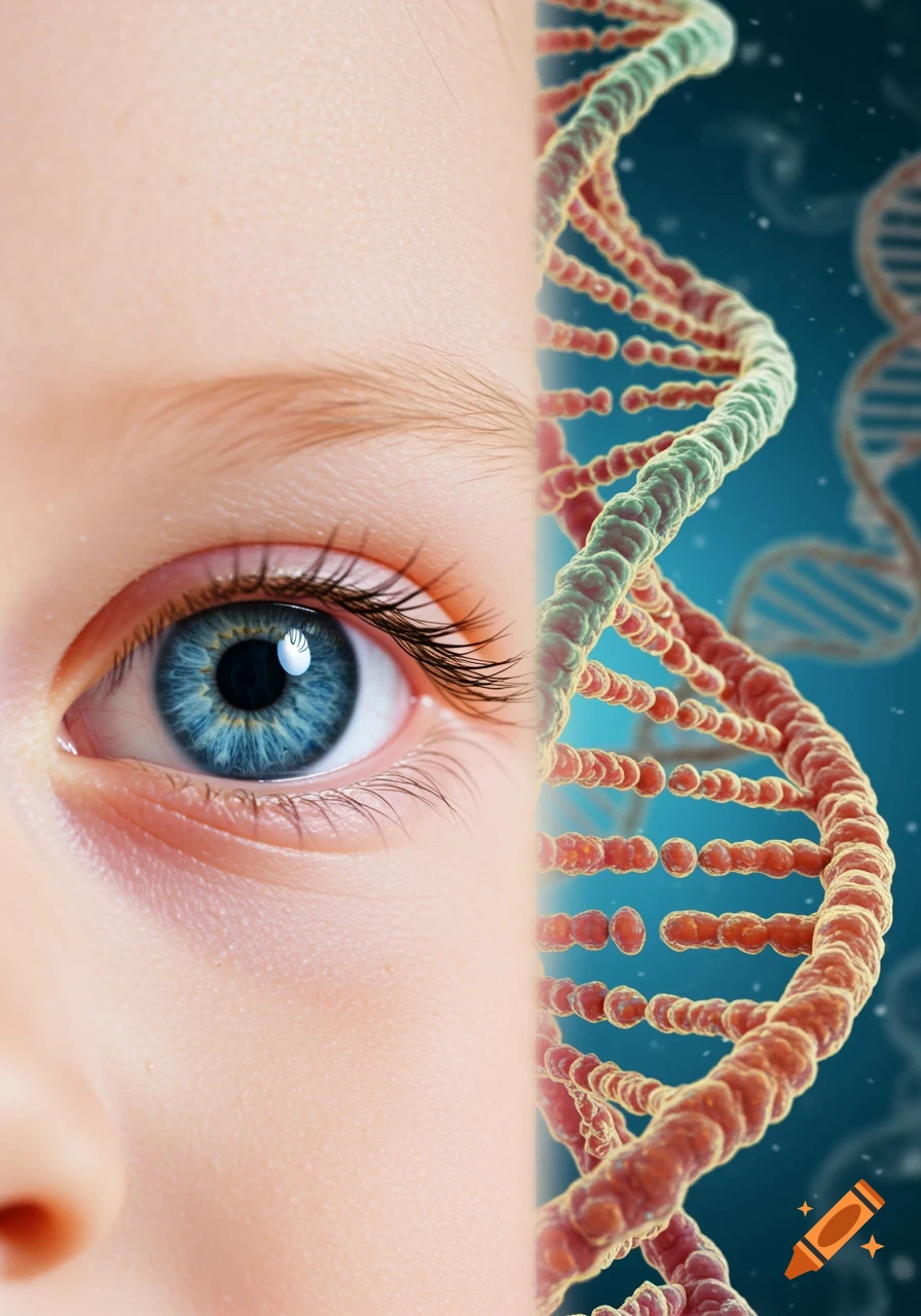 Close-up of a child's blue eye on one side, merged with a DNA double helix strand on the other side against a blue background.