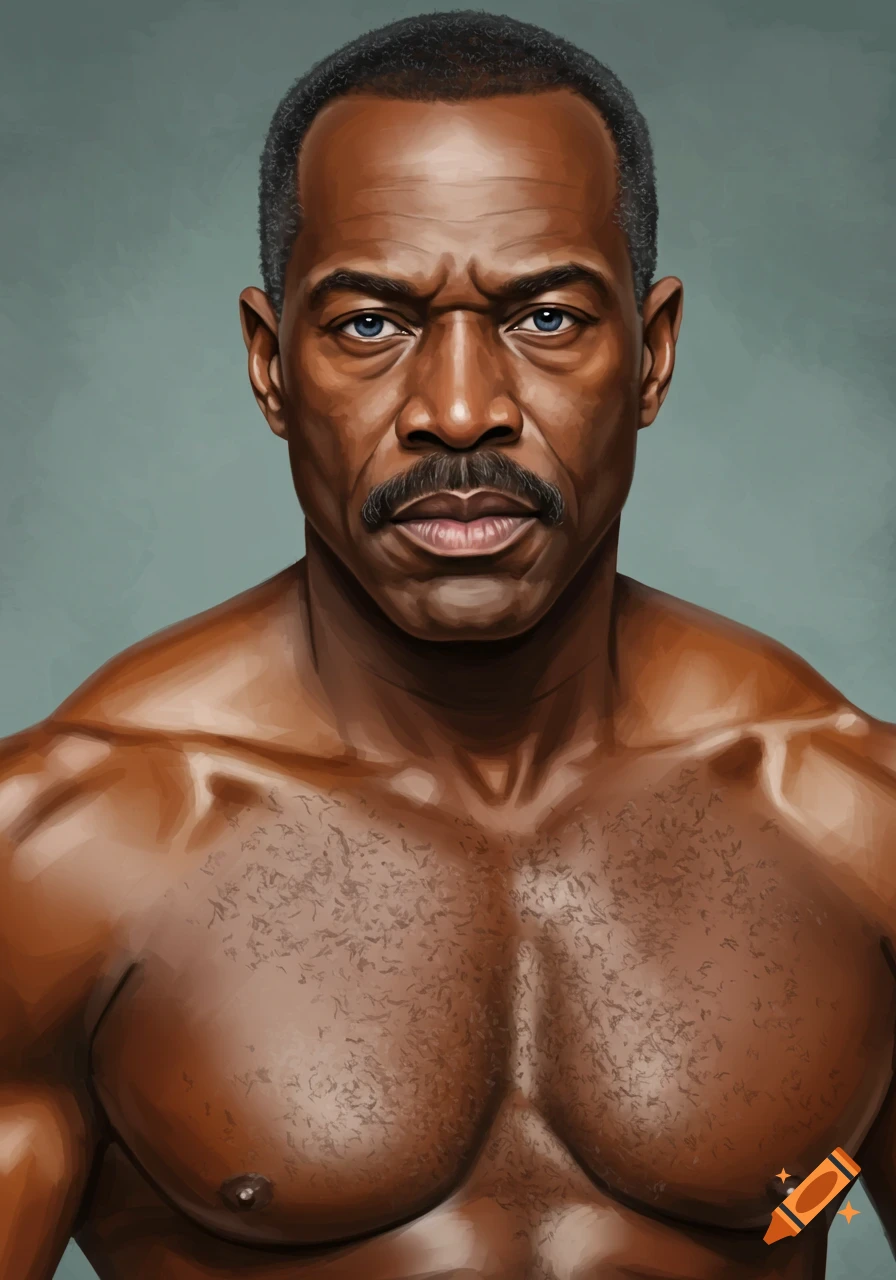 Digital painting of a strong, muscular Black man with blue eyes and a mustache, bare-chested, looking directly at the viewer.