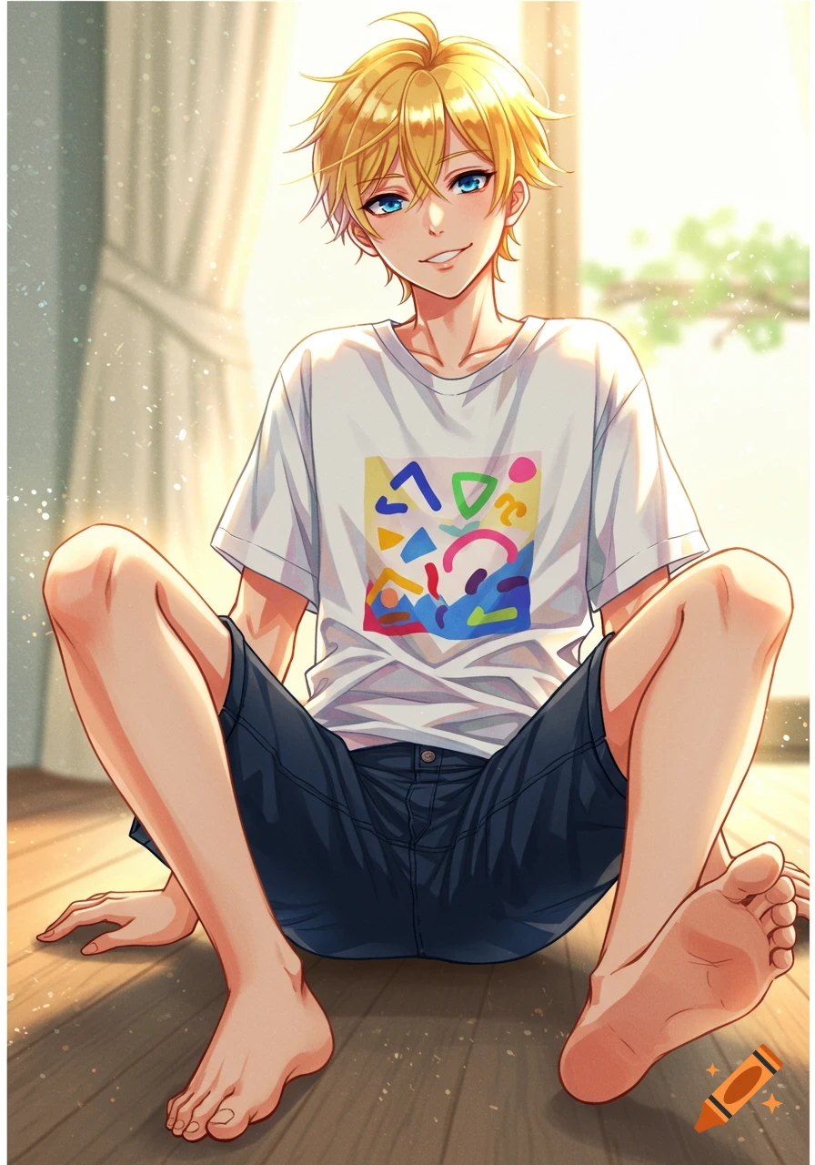 An anime boy with blonde hair and blue eyes, wearing a white t-shirt and shorts, sitting on a wooden floor.