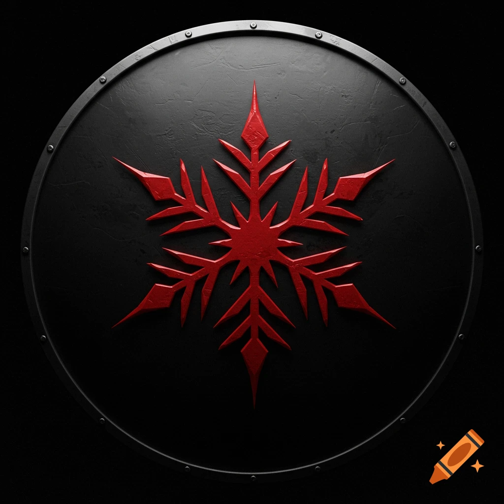 A round black shield with a prominent red snowflake symbol in the center, on a dark background.