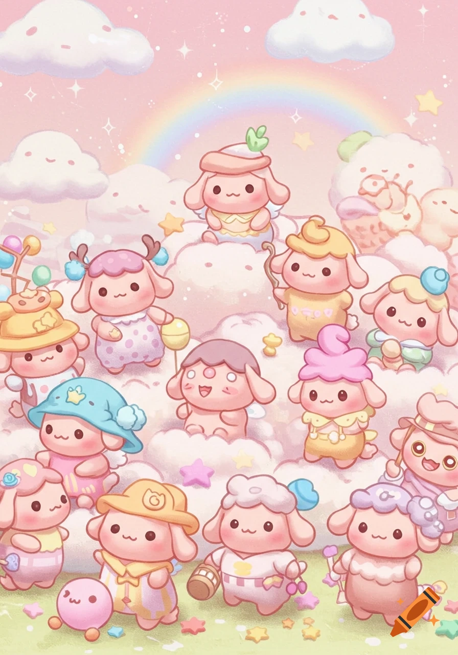 Many cute, pastel, fluffy creatures playing among clouds and stars under a rainbow in a whimsical digital illustration.