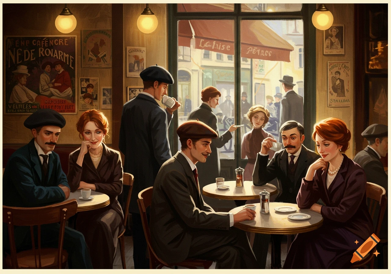 A painted scene of a group of people socializing in a bustling, old-fashioned French cafe with large windows and posters on the walls.