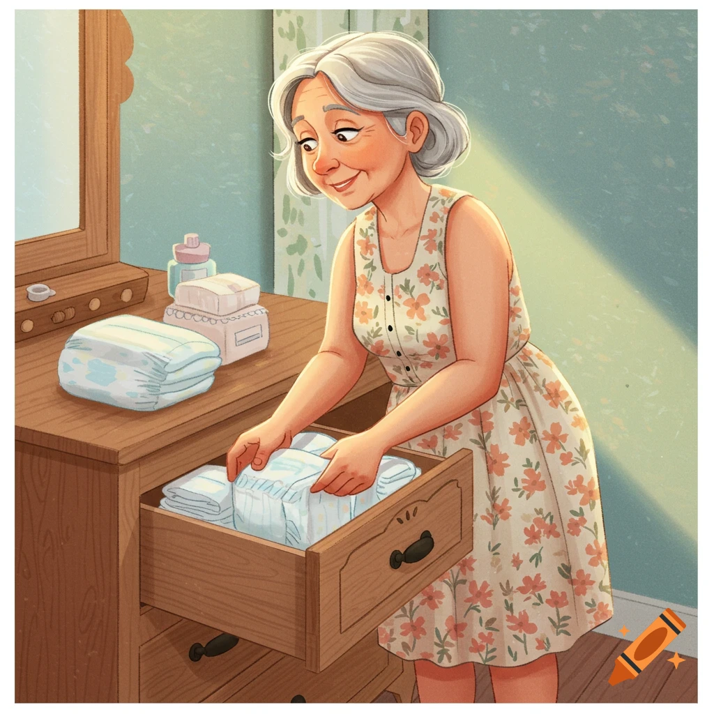 An elderly woman with grey hair, wearing a floral dress, smiles as she puts a stack of diapers into a wooden dresser drawer in a brightly lit room.
