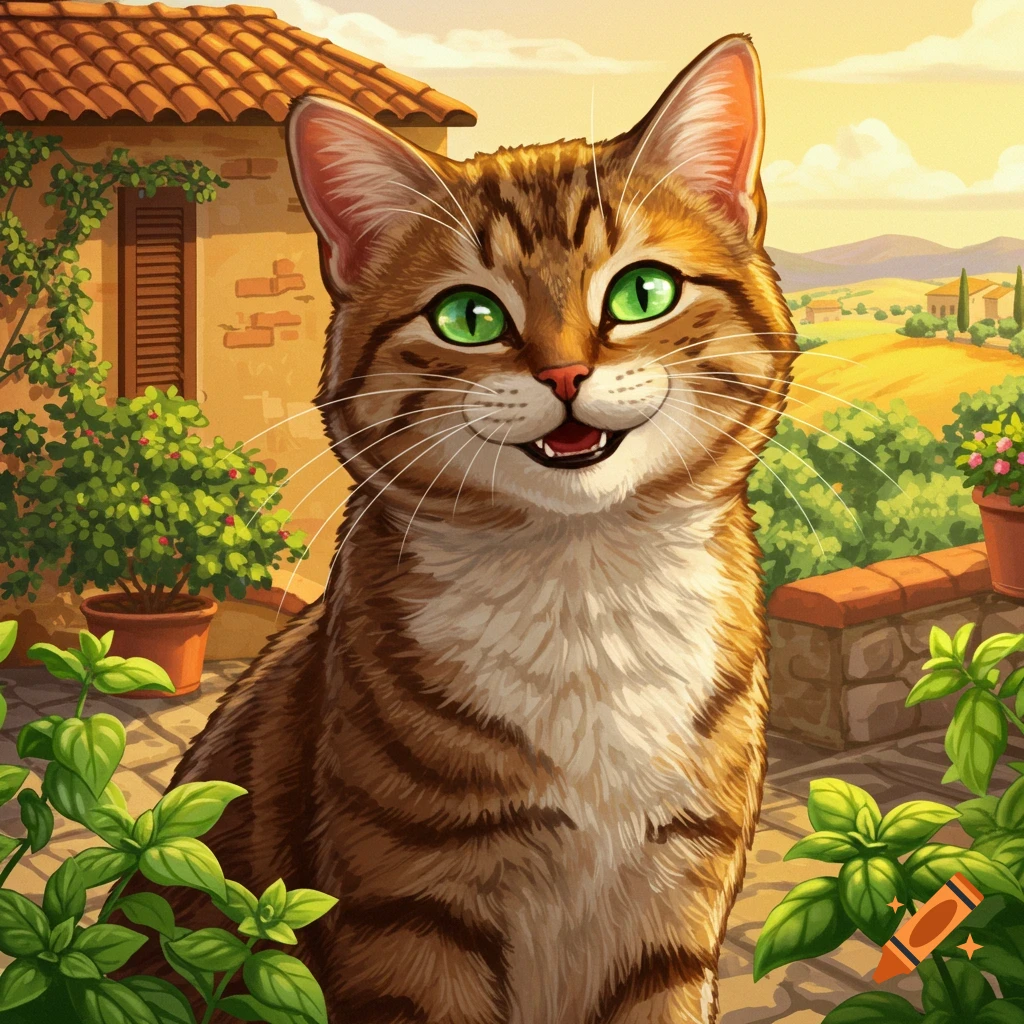 An illustrated tabby cat with bright green eyes smiles in front of an Italian villa with rolling hills in the background.