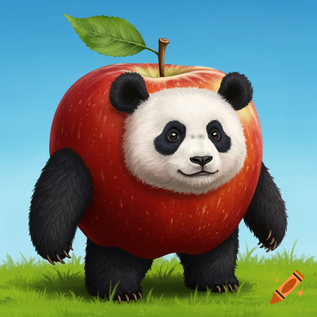 A cute panda-apple creature with a red apple body and a panda head, arms, and legs stands in green grass under a blue sky.